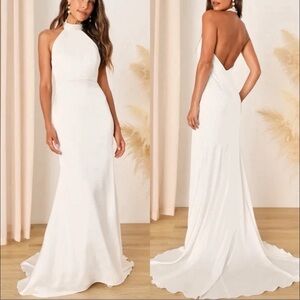 NWT Lulu’s Wedding White Satin Halter Mermaid Maxi Dress S